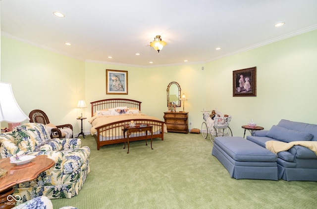 bedroom featuring crown molding and light carpet