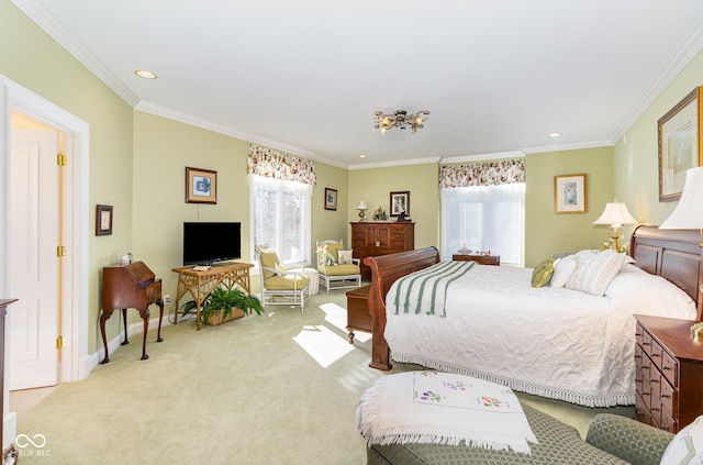 bedroom with crown molding and light carpet