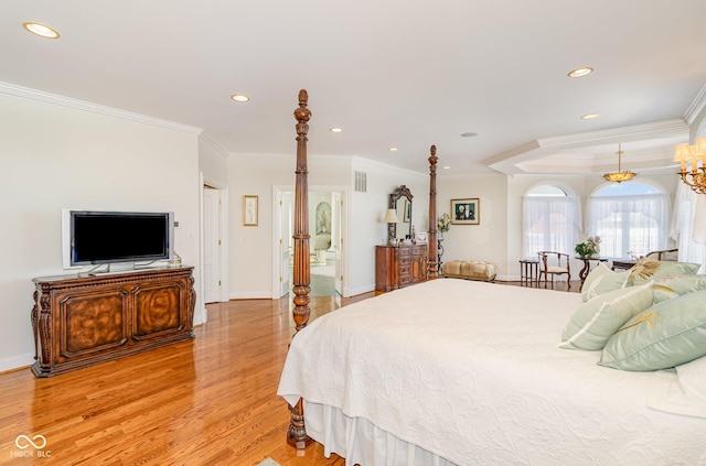 bedroom with crown molding and light wood-type flooring