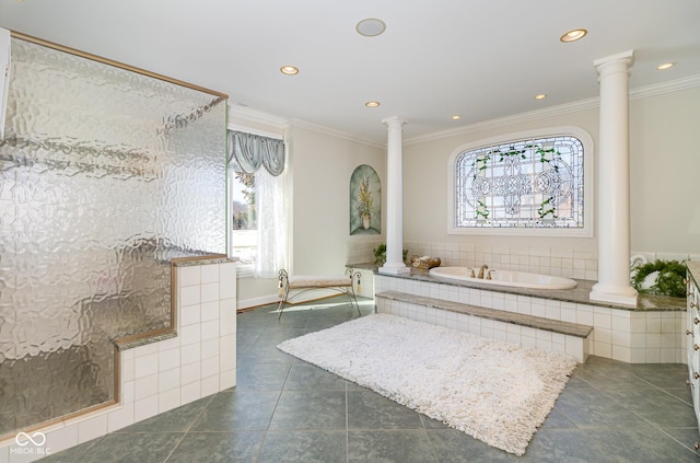 bathroom with ornate columns and crown molding