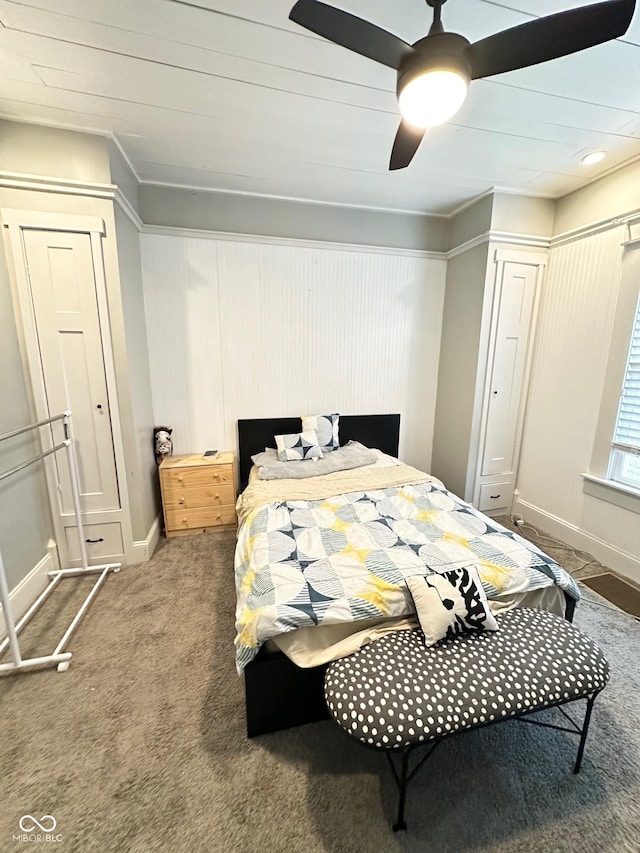 bedroom featuring ceiling fan and carpet flooring