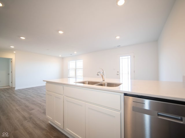 kitchen with recessed lighting, a sink, white cabinetry, dark wood-style floors, and dishwasher