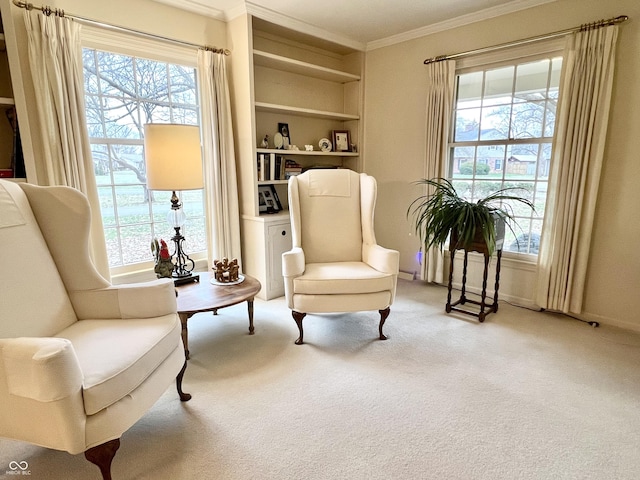 living area with crown molding, light carpet, and a wealth of natural light