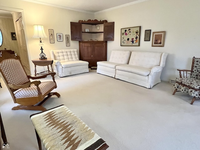 living room featuring crown molding and carpet flooring