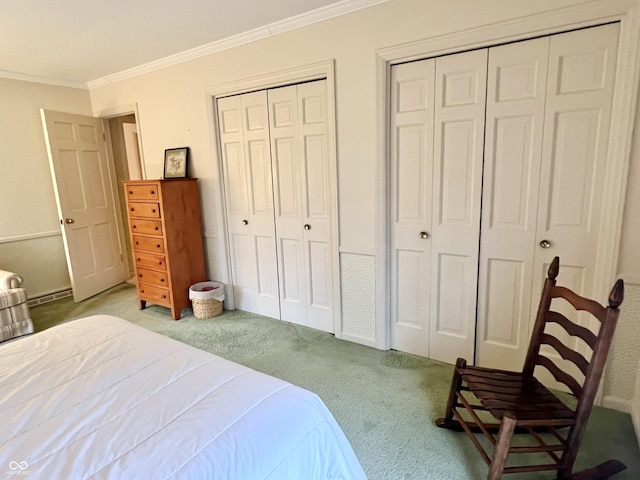 carpeted bedroom with crown molding and multiple closets