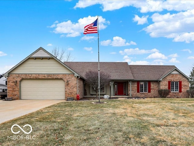 ranch-style home featuring a garage and a front yard