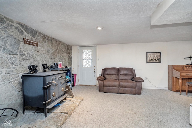 living room featuring carpet flooring, a textured ceiling, and a wood stove