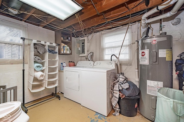 washroom with electric panel, washer and clothes dryer, and electric water heater