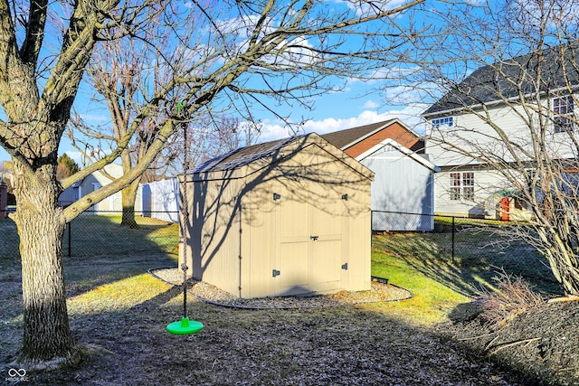 exterior space with a shed