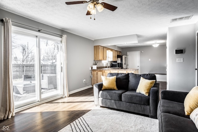 living room featuring ceiling fan, light hardwood / wood-style flooring, and a textured ceiling