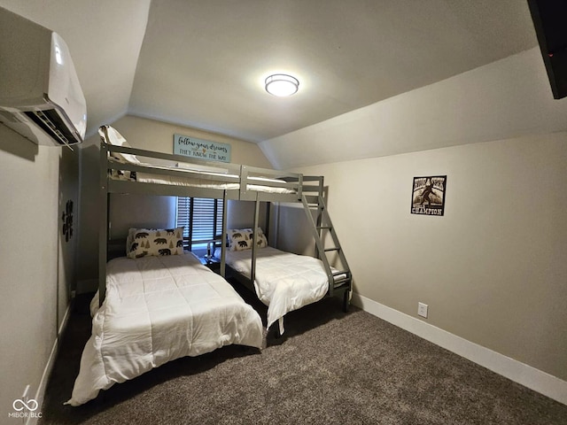 carpeted bedroom featuring a wall mounted air conditioner and vaulted ceiling