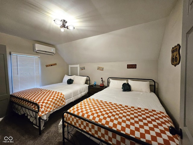 carpeted bedroom featuring lofted ceiling and a wall mounted AC