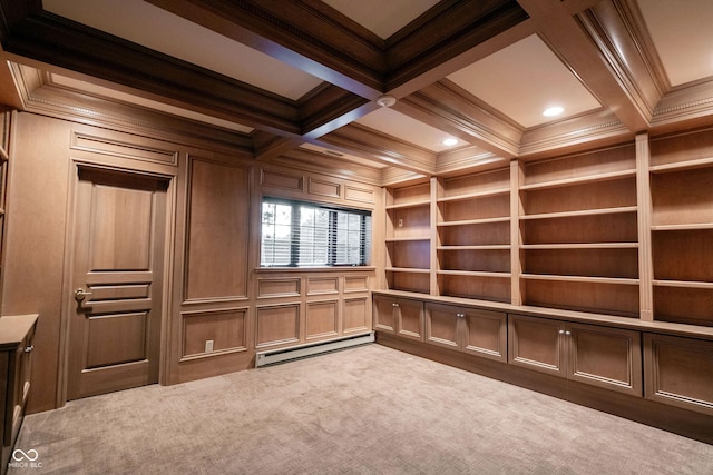 interior space featuring coffered ceiling, ornamental molding, beamed ceiling, carpet, and a baseboard heating unit