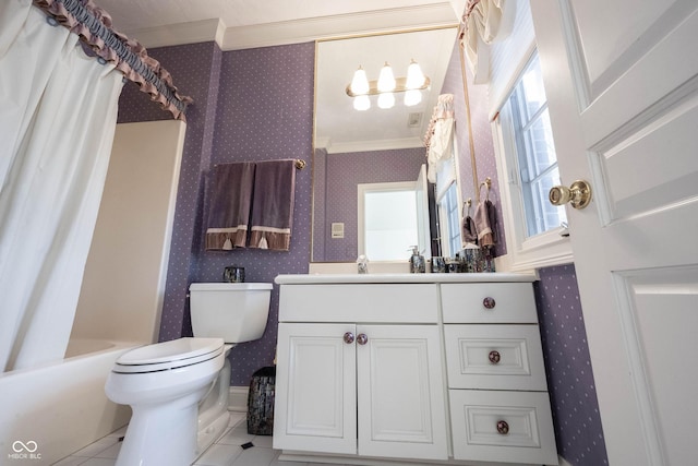 bathroom featuring toilet, ornamental molding, vanity, tile patterned flooring, and wallpapered walls