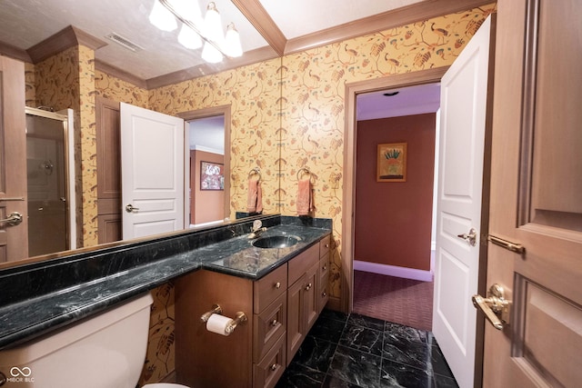 bathroom with marble finish floor, ornamental molding, and wallpapered walls