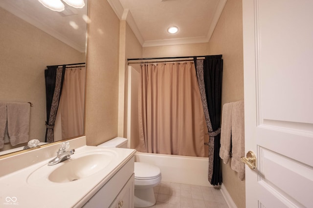 full bath with shower / bath combination with curtain, crown molding, vanity, and toilet