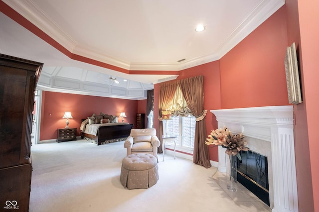 bedroom featuring carpet floors, a fireplace, visible vents, and crown molding