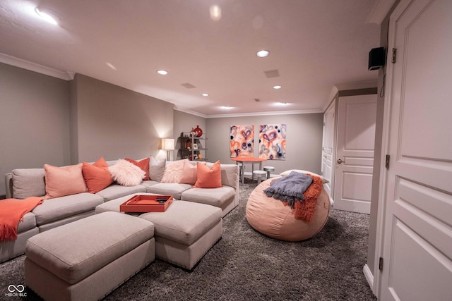 carpeted cinema room featuring ornamental molding, visible vents, and recessed lighting