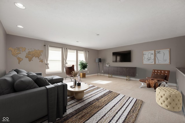 living room with recessed lighting, baseboards, and light carpet