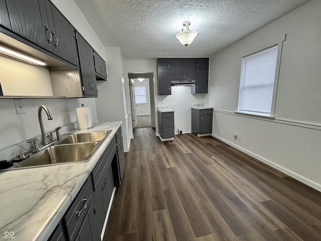 kitchen with dark hardwood / wood-style floors, sink, and a textured ceiling