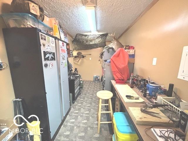 kitchen featuring carpet floors and a textured ceiling