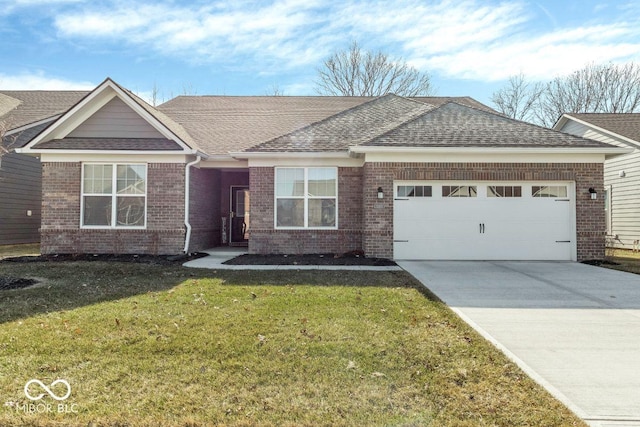 ranch-style home with a garage and a front yard