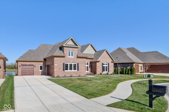 view of front of house featuring a garage, brick siding, concrete driveway, roof with shingles, and a front yard