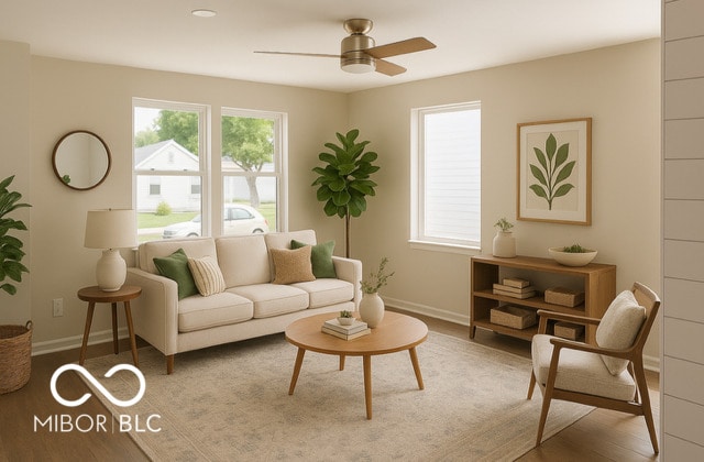 1305 W 23rd St, Indianapolis, IN 46208 - living area with a ceiling fan, wood finished floors, plenty of natural light, and baseboards