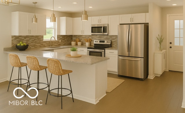 1305 W 23rd St, Indianapolis, IN 46208 - kitchen with appliances with stainless steel finishes, a sink, a peninsula, white cabinets, and tasteful backsplash