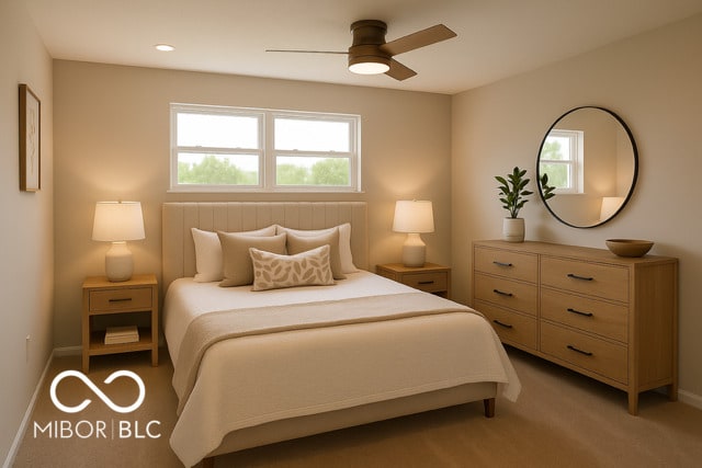 1305 W 23rd St, Indianapolis, IN 46208 - bedroom featuring light colored carpet, baseboards, and a ceiling fan