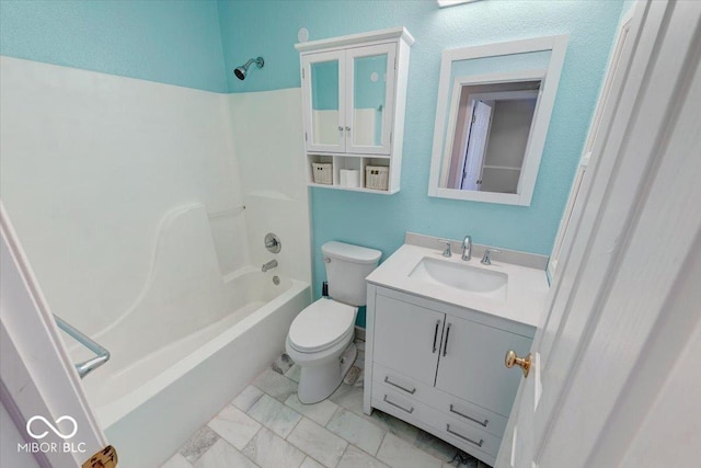 full bath with shower / bath combination, marble finish floor, toilet, and vanity