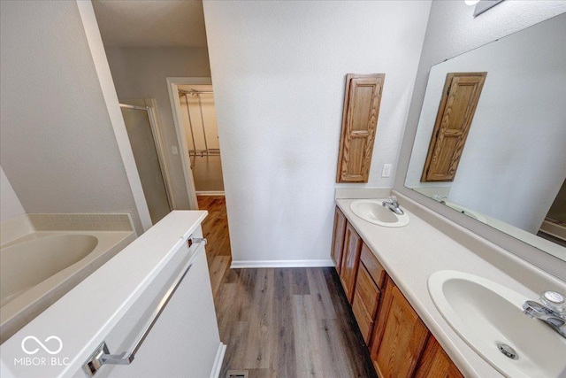 full bath featuring a sink, double vanity, wood finished floors, and a shower stall