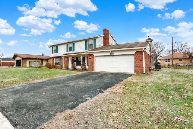 view of front property featuring central AC, a porch, a garage, and a front lawn