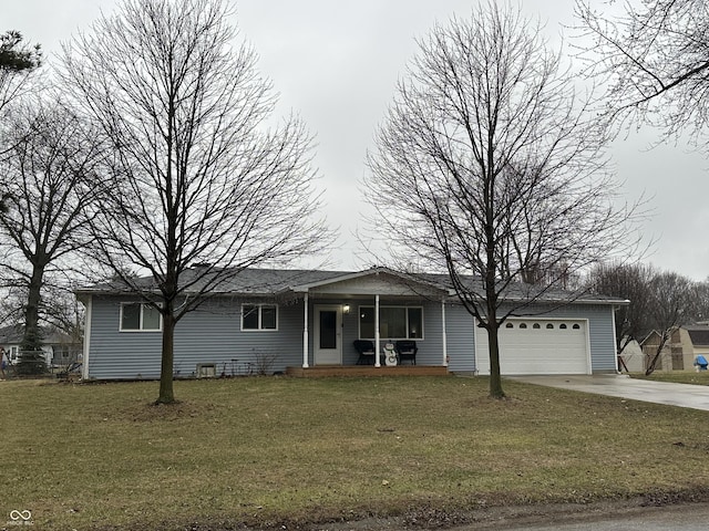 single story home with a porch, a garage, and a front yard