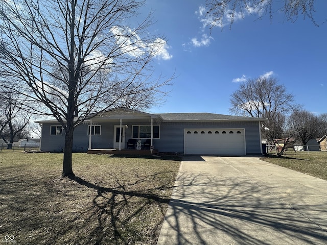 ranch-style house with a porch, a front yard, concrete driveway, and a garage