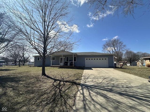 single story home featuring a garage, covered porch, and concrete driveway