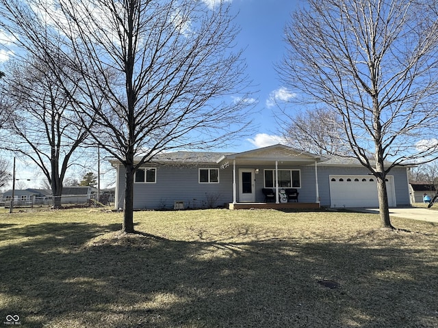 ranch-style house featuring a garage, covered porch, fence, driveway, and a front lawn