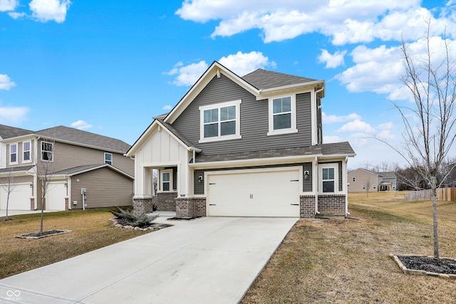 craftsman-style house featuring a garage and a front lawn