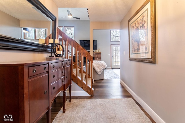 entrance foyer featuring ceiling fan, a healthy amount of sunlight, hardwood / wood-style floors, and a textured ceiling