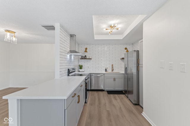 kitchen with visible vents, a sink, open shelves, stainless steel appliances, and wall chimney exhaust hood