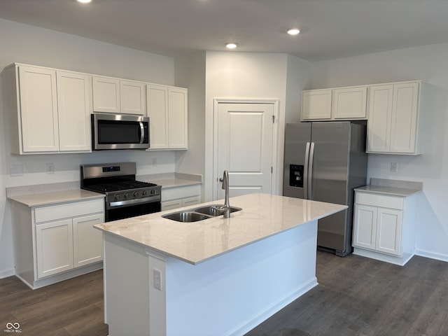 kitchen with a sink, dark wood-style flooring, white cabinetry, and stainless steel appliances