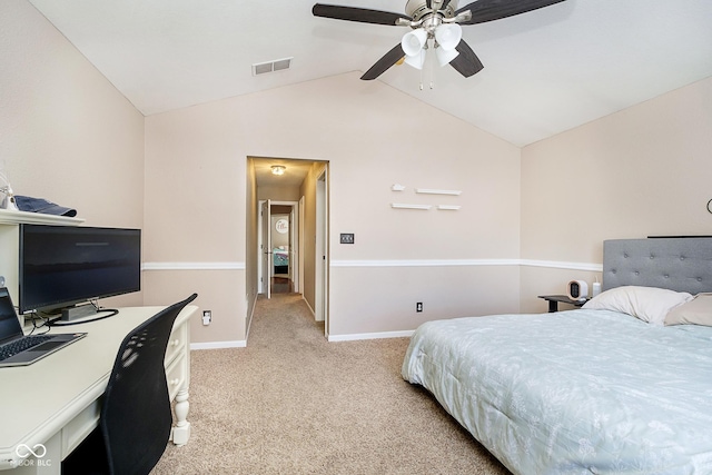 bedroom with ceiling fan, light colored carpet, visible vents, baseboards, and vaulted ceiling