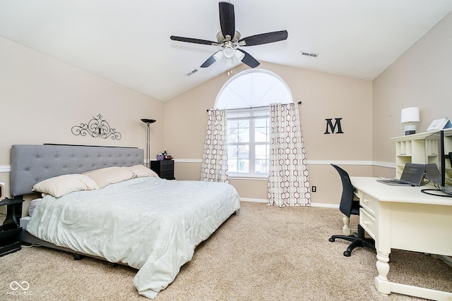 bedroom featuring visible vents, baseboards, a ceiling fan, vaulted ceiling, and carpet floors