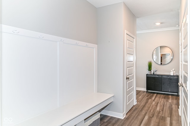 mudroom with baseboards and dark wood finished floors