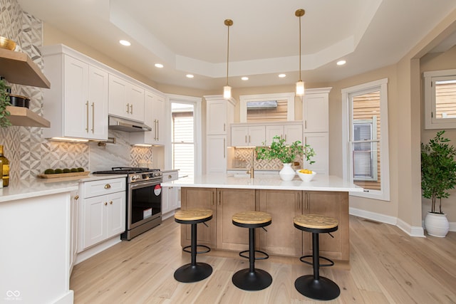 kitchen with white cabinetry, a center island, a tray ceiling, stainless steel range with gas stovetop, and pendant lighting