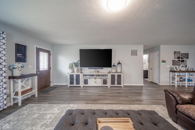 living room featuring hardwood / wood-style flooring and a textured ceiling