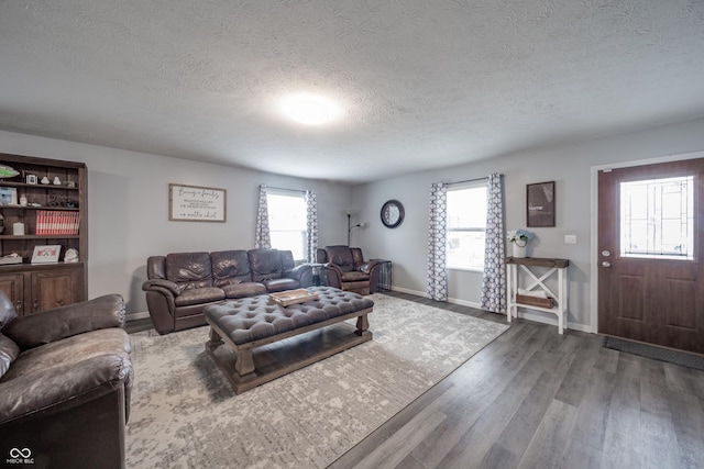 living room featuring hardwood / wood-style floors and a textured ceiling