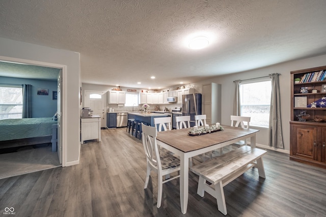 dining room featuring sink, hardwood / wood-style floors, and a textured ceiling