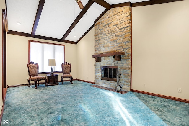 living area featuring carpet flooring, a stone fireplace, high vaulted ceiling, and beam ceiling