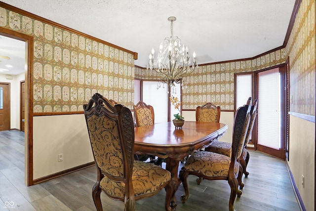 dining area featuring ornamental molding, wood-type flooring, and a textured ceiling